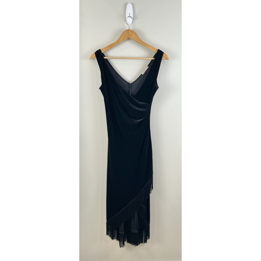 Womens Black Velvet Faux Wrap Sleeveless Dress Fringe Ruched V Neck Whimsey Goth